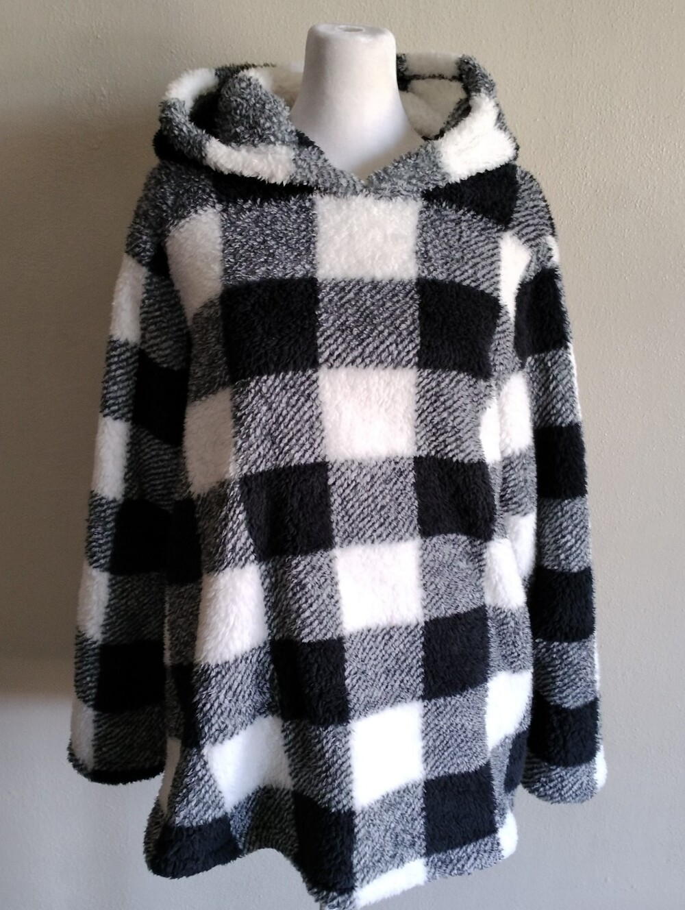 Fleece Black & White Check Pullover Hoodie Hooded Sweatshirt Womens Large